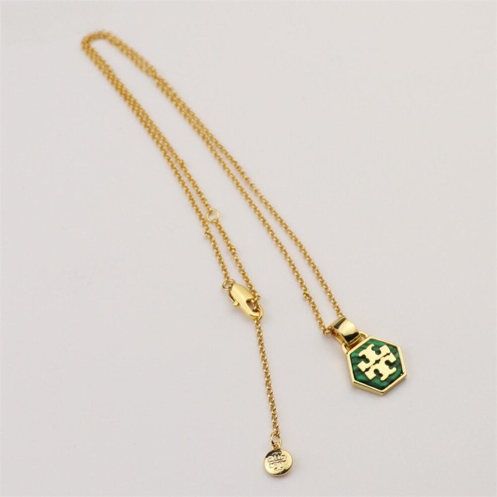 Tory Burch Gold Necklace with Green Hexagon Pendant